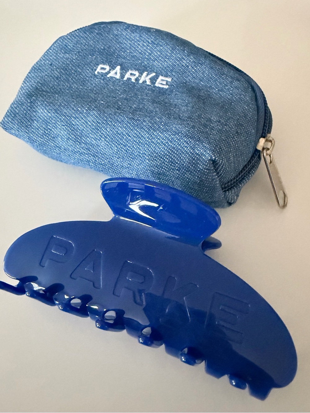 PARKE Navy Hair Claw Clip with Matching Denim-Style Pouch. SOLD OUT!